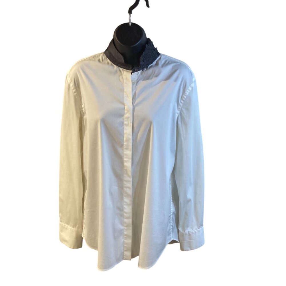 Brunello Cucinelli white button blouse with embroidered up stand collar size XXL